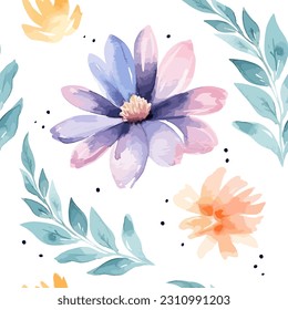 Seamless vector pattern of flowers, leaves and dots in a watercolor style