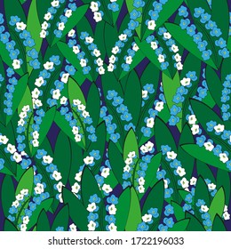 Nahtlose Vektorgrafik von Blumen, Lilien des Tals auf blauem Hintergrund. Groß und klein.