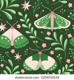 Patrón vectorial sin foco con flores, polillas y mariposas. Ilustración dibujada a mano. Textura de repetición folclórica moderna para la impresión de moda, papel pintado o tela.