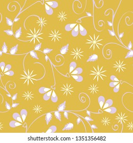 Seamless vector pattern with flowers on yellow background. Cute romantic floral wallpaper design. Beautiful fashion textile.