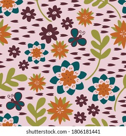 Seamless vector pattern with flowers on pink background. Simple floral wallpaper design. Ditsy fashion textile.
