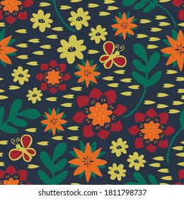 Seamless vector pattern with flowers on blue background. Retro floral wallpaper deign. Hand drawn ditsy fashion textile.