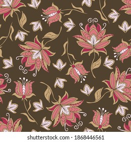 Seamless vector pattern with flowers on brown background. Artistic floral wallpaper design. Vintage fashion textile.