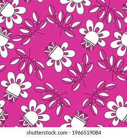 Seamless vector pattern of flowers on pink background, perfect for wallpaper, fabric, gift wrapping, prints.