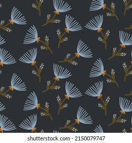 Seamless vector pattern with flowers on a blue background. Pattern for design of textiles, wallpaper, wrapping paper.
