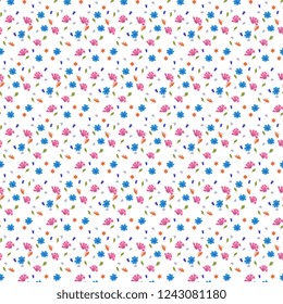 
Seamless vector pattern with flowers, pink, violet, orange, blue and leaves on a white background. Abstract illustrations handmade, artistic. Beautiful tiles, wrapping, textiles, cards, wallpaper