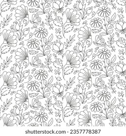Seamless vector pattern. Flowers poppies, daisies, bluebells, leaves, berries, butterflies, beetles.