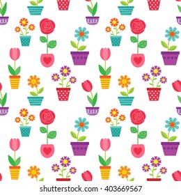 Seamless vector pattern with flowers in pots 