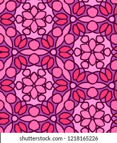 Seamless vector pattern with flowers, seeds and floral ornament in pink color.
Hand drawn seamless pattern.