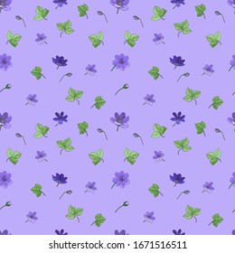 Seamless vector pattern of flowers of snowdrops, anemones, lilies. Isolated buds, petals, leaves on a purple background are drawn by hands. Design for fabric, wrapping paper, cards, printing.