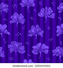 
Seamless vector pattern with flowers and specks on a background of vertical stripes in shades of purple.