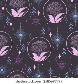 Seamless vector pattern with flowers, stars, pentacles, and peonies. Pastel color witchy mystical background.