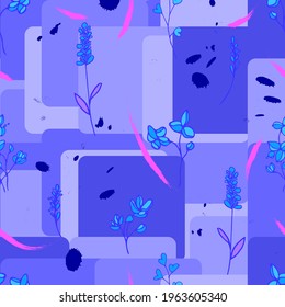 seamless vector pattern flowers, twigs, herbs, leaves, brush strokes, cubes and dots. Rounded corners gray cubes, herbs, and textured brush strokes