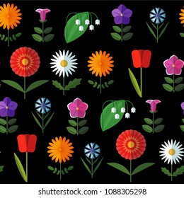 Seamless vector pattern with flowers of various kinds, vector illustration in flat design. Tulip, chamomile, petunia, lily of the valley, cornflower, peony, calendula.