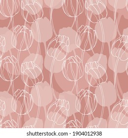 Seamless vector pattern of flowers.White outline drawing of tulips on a pink background.For finishing and design of fabrics, paper, textiles, wallpaper.Spring pattern of flowers.