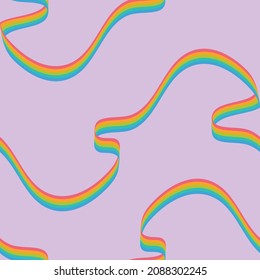 Seamless vector pattern with flowing rainbow on purple background. Simple wavy ribbon wallpaper design. Decorative liquid colour fashion textile.
