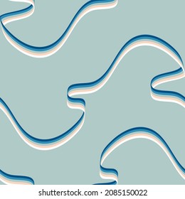 Seamless vector pattern with flowing ribbon on blue background. Simple relaxing wavy wallpaper design. Decorative fashion textile.