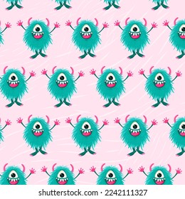 Seamless vector pattern with fluffy monsters on pink backdrop.