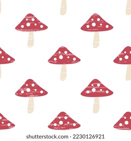 Seamless vector pattern with fly agarics on a white background, textured. Vector cute illustration. Beautiful wrapper, postcard.