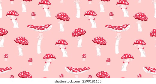 
Seamless vector pattern with fly agarics on a pink background. Cute mushroom illustration for design and decoration.