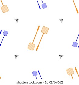 Seamless vector pattern. Fly and fly swatter. Isolated on white.