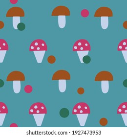 Seamless vector pattern. Fly and white mushrooms. Harvest. Simple shapes. For paper, cover, fabric, gift wrap. Vector illustration.