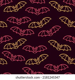 Seamless vector pattern with flying bats with pink and yellow outlines on a dark pink nearly black background. Happy Halloween design in female colours.
