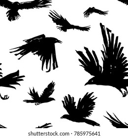 seamless vector pattern with flying black ravens on white background, painted with ink