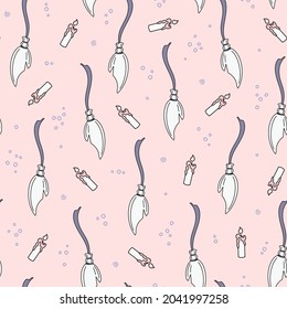 Seamless vector pattern with flying broom and candle. Cute hand drawn holiday texture. Magic Halloween background for packaging, wrapping paper, banner, print, card, gift, fabric, textile, wallpaper.