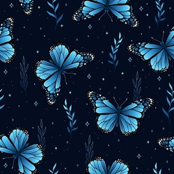 Seamless Vector Pattern Of Flying Butterflies Blue Colors. Contemporary Composition. Trendy Texture For Print, Textile, Packaging.