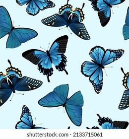 Patrón vectorial de mariposas voladoras de colores azules. Composición contemporánea. Textura de moda para impresión, textil, envasado.