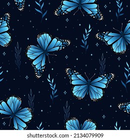Seamless vector pattern of flying butterflies blue colors. Contemporary composition. Trendy texture for print, textile, packaging.