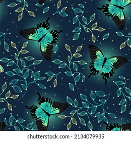 Seamless vector pattern of flying butterflies green colors. Contemporary composition. Trendy texture for print, textile, packaging.