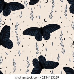 Seamless vector pattern of flying butterflies black colors. Contemporary composition. Trendy texture for print, textile, packaging.