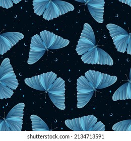 Seamless vector pattern of flying butterflies blue colors. Contemporary composition. Trendy texture for print, textile, packaging.