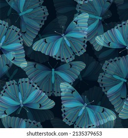 Seamless vector pattern of flying butterflies transparent blue colors. Contemporary composition. Trendy texture for print, textile, packaging.