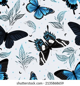Seamless vector pattern of flying butterflies blue colors. Contemporary composition. Trendy texture for print, textile, packaging.