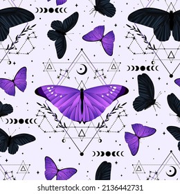 Seamless vector pattern of flying butterflies purple colors. Contemporary composition. Trendy texture for print, textile, packaging.