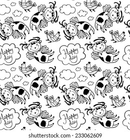 Seamless vector pattern with flying funny cow and chicken in the sky with clouds