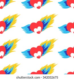 Seamless vector pattern of flying hearts on a white background.
