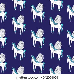 Seamless vector pattern of the flying horse on a dark blue background.