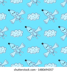 Seamless vector pattern with flying mice and clouds on blue background. For textiles, background, wrapping paper, Wallpaper, fabric, covers, tablecloths, kitchen Board, pajamas, mugs.
