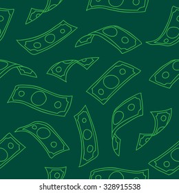 Seamless Vector Pattern Of Flying Paper Money On A Dark Green Background, Painted By Hand.