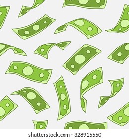 Seamless Vector Pattern Of Flying Paper Money On Light-gray Background, Hand-drawn.