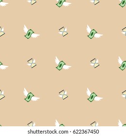 Seamless vector pattern of flying paper money and hourglass