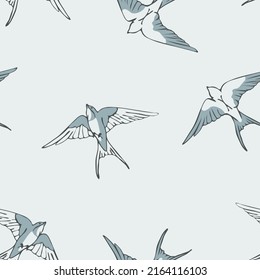 Seamless vector  pattern with flying swallows on cream white background. Simple flock of birds wallpaper design. Decorative romantic fashion textile.