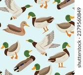 Seamless vector pattern with flying and swimming ducks. Vector flat illustrations pond bird on blue background