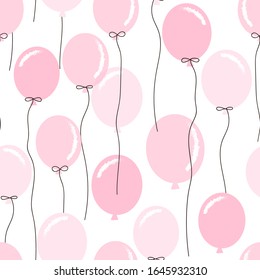 Seamless vector pattern with flying transparent pastel pink balloons. Happy Birthday festal background. Baby girl shower design concept.