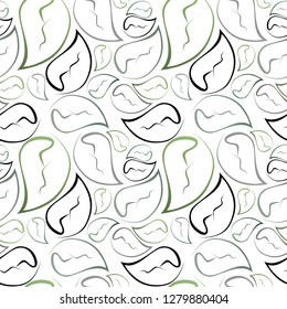 seamless vector pattern, foliage, green leaves made from lines on white background, leaf pattern for your design
