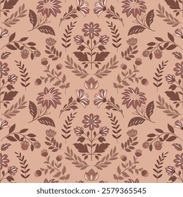 Seamless vector pattern with folk-style flowers in modern design. Trendy 2025 colors, elegant floral motifs, decorative elements, perfect for textiles, wallpapers, packaging, and branding